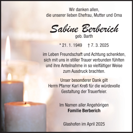 Traueranzeige von Sabine Berberich von Fränkische Nachrichten