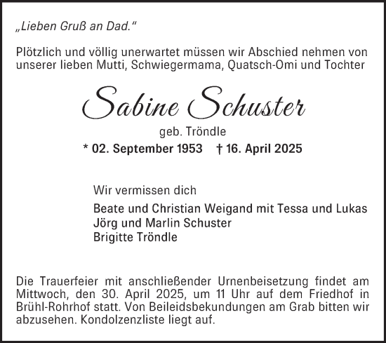 Traueranzeige von Sabine Schuster von Mannheimer Morgen