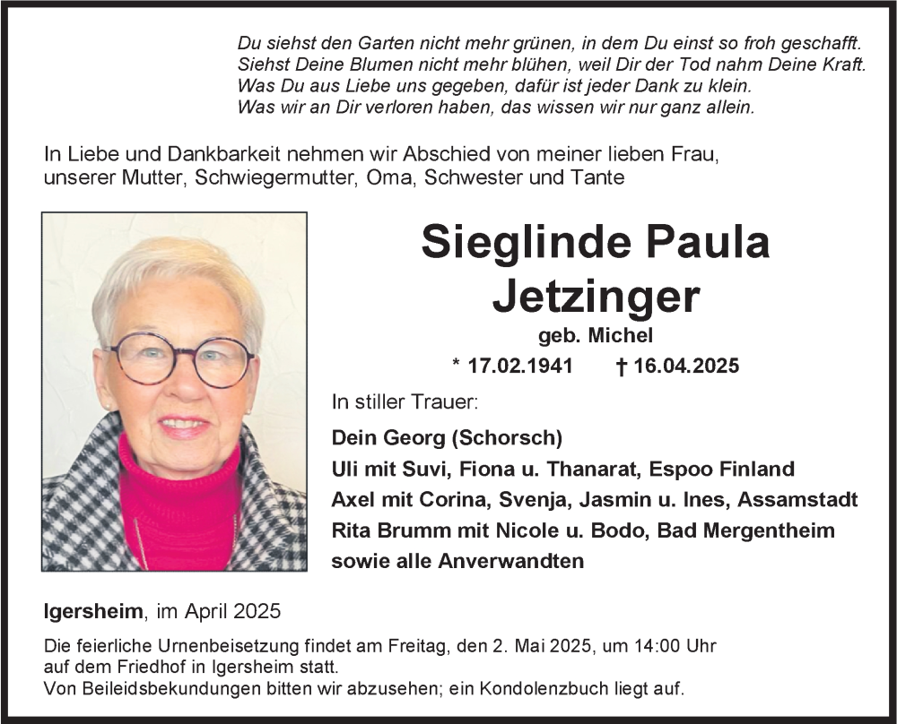  Traueranzeige für Sieglinde Paula Jetzinger vom 29.04.2025 aus Fränkische Nachrichten