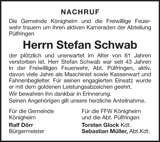 Traueranzeige von Stefan Schwab von Fränkische Nachrichten