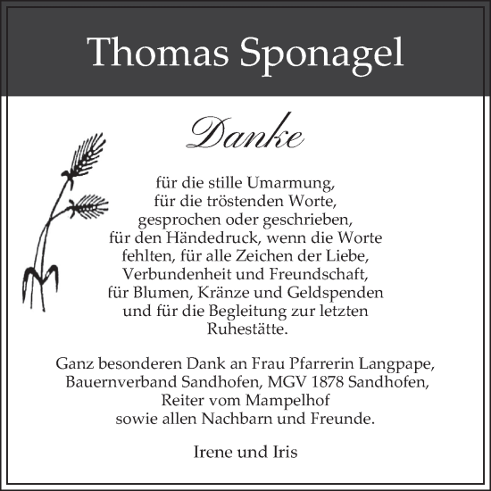 Traueranzeige von Thomas Sponagel von Mannheimer Morgen