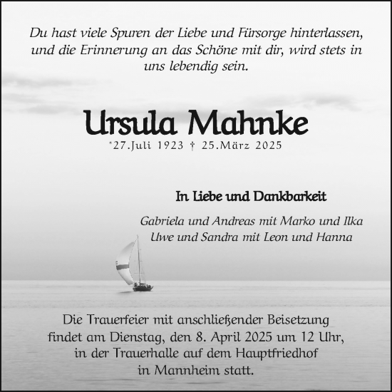Traueranzeige von Ursula Mahnke von Mannheimer Morgen
