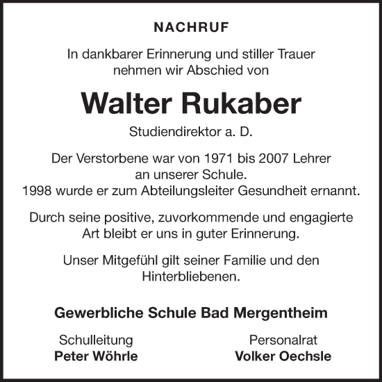 Traueranzeige von Walter Rukaber von Fränkische Nachrichten