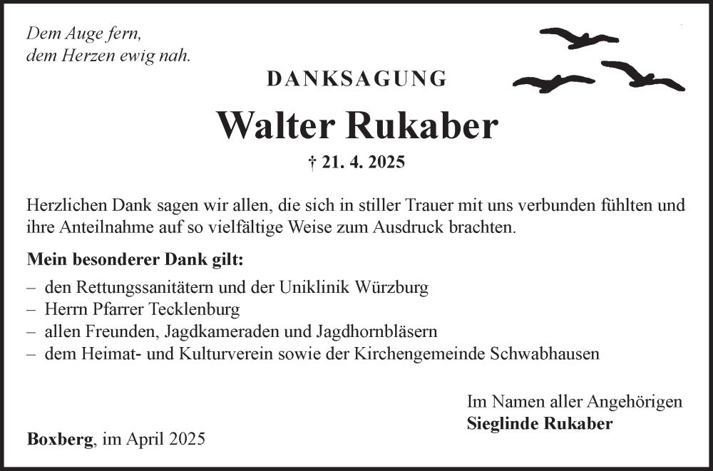  Traueranzeige für Walter Rukaber vom 29.04.2025 aus Fränkische Nachrichten