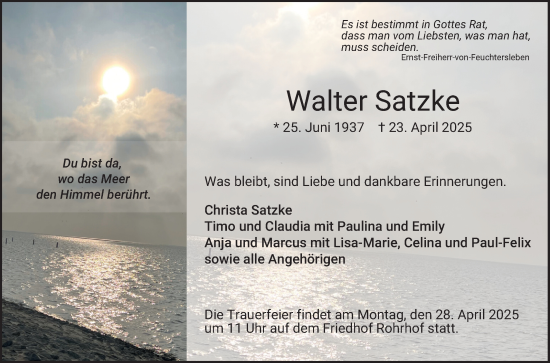 Traueranzeige von Walter Satzke von Schwetzinger Zeitung