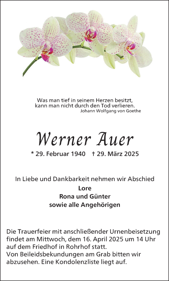 Traueranzeige von Werner Auer von Schwetzinger Zeitung