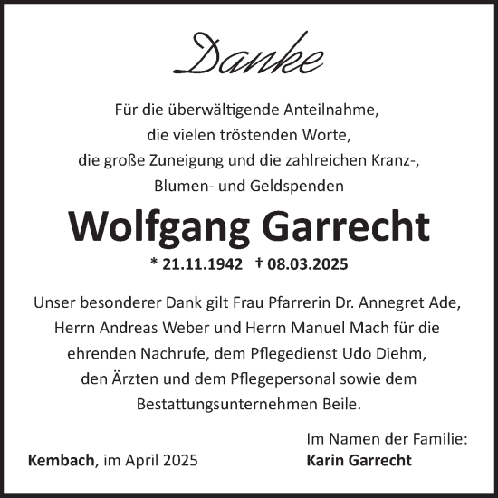 Traueranzeige von Wolfgang Garrecht von Fränkische Nachrichten