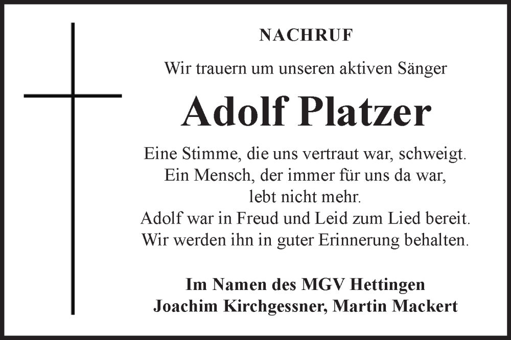  Traueranzeige für Adolf Platzer vom 17.05.2025 aus Fränkische Nachrichten