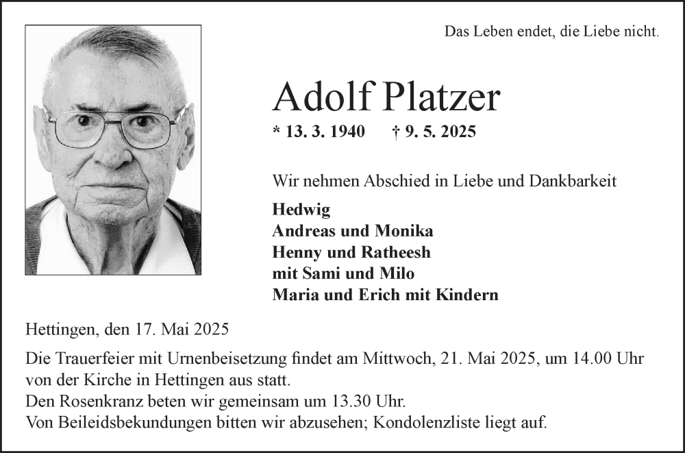  Traueranzeige für Adolf Platzer vom 17.05.2025 aus Fränkische Nachrichten