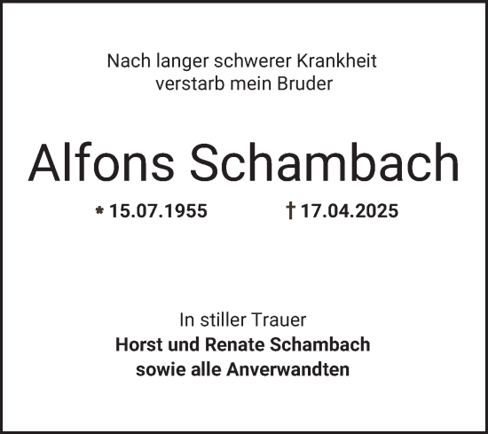 Traueranzeige von Alfons Schambach von Bergsträßer Anzeiger