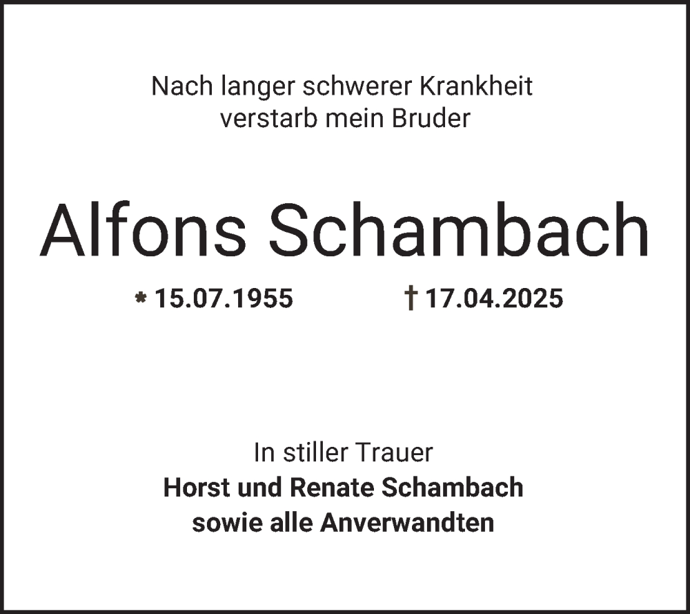  Traueranzeige für Alfons Schambach vom 03.05.2025 aus Bergsträßer Anzeiger