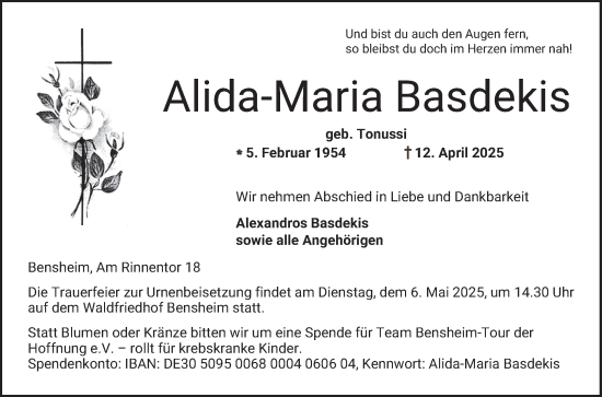 Traueranzeige von Alida-Maria Basdekis von Bergsträßer Anzeiger