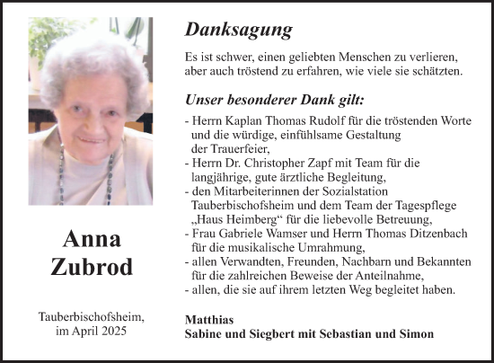 Traueranzeige von Anna Zubrod von Fränkische Nachrichten