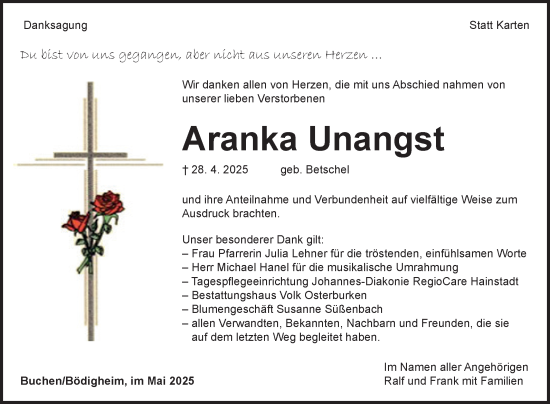 Traueranzeige von Aranka Unangst von Fränkische Nachrichten
