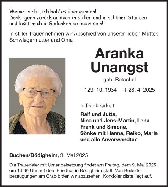 Traueranzeige von Aranka Unangst von Fränkische Nachrichten