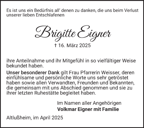 Traueranzeige von Brigitte Eigner von Schwetzinger Zeitung
