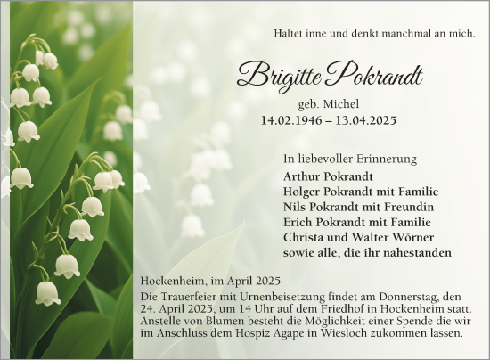 Traueranzeige von Brigitte Pokrandt von Schwetzinger Zeitung