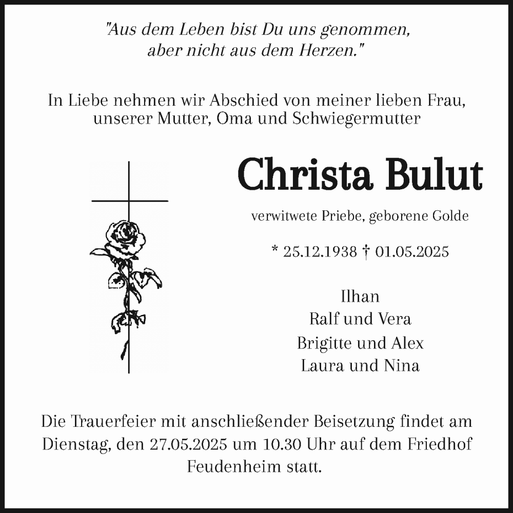  Traueranzeige für Christa Bulut vom 17.05.2025 aus Mannheimer Morgen