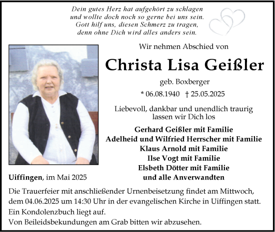 Traueranzeige von Christa Lisa Geißler von Fränkische Nachrichten