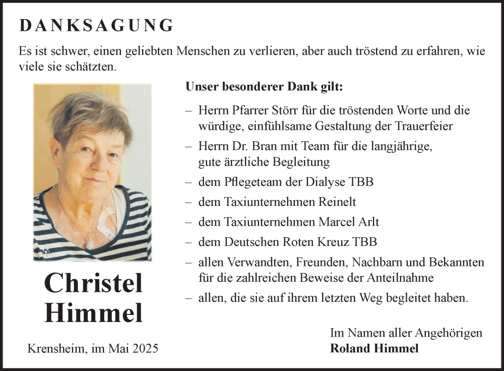  Traueranzeige für Christel Himmel vom 24.05.2025 aus Fränkische Nachrichten