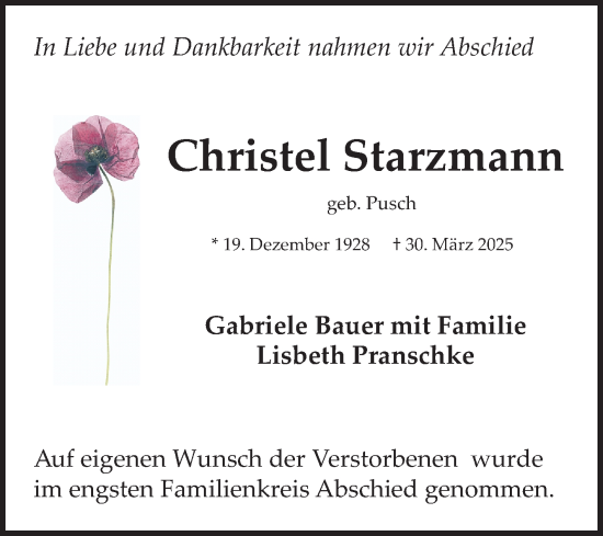 Traueranzeige von Christel Starzmann von Mannheimer Morgen