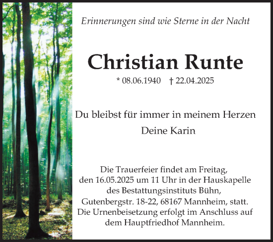 Traueranzeige von Christian Runte von Mannheimer Morgen