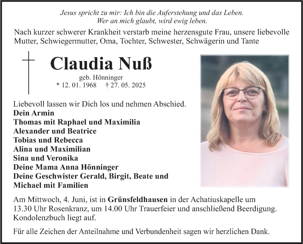 Traueranzeige für Claudia Nuß vom 31.05.2025 aus Fränkische Nachrichten