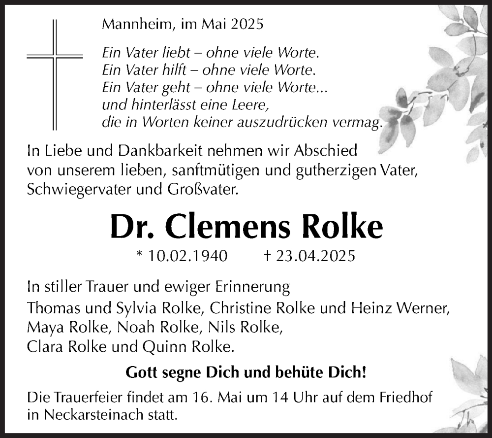  Traueranzeige für Clemens Rolke vom 10.05.2025 aus Mannheimer Morgen
