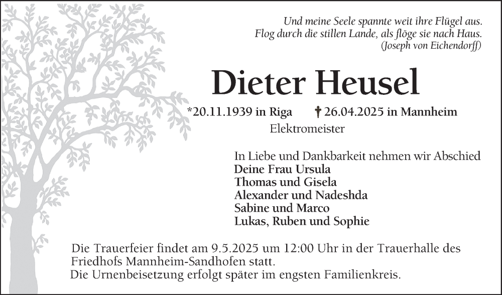  Traueranzeige für Dieter Heusel vom 03.05.2025 aus Mannheimer Morgen