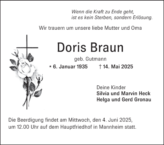 Traueranzeige von Doris Braun von Mannheimer Morgen