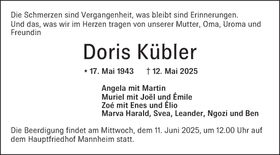 Traueranzeige von Doris Kübler von Mannheimer Morgen