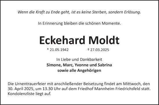 Traueranzeige von Eckehard Moldt von Mannheimer Morgen