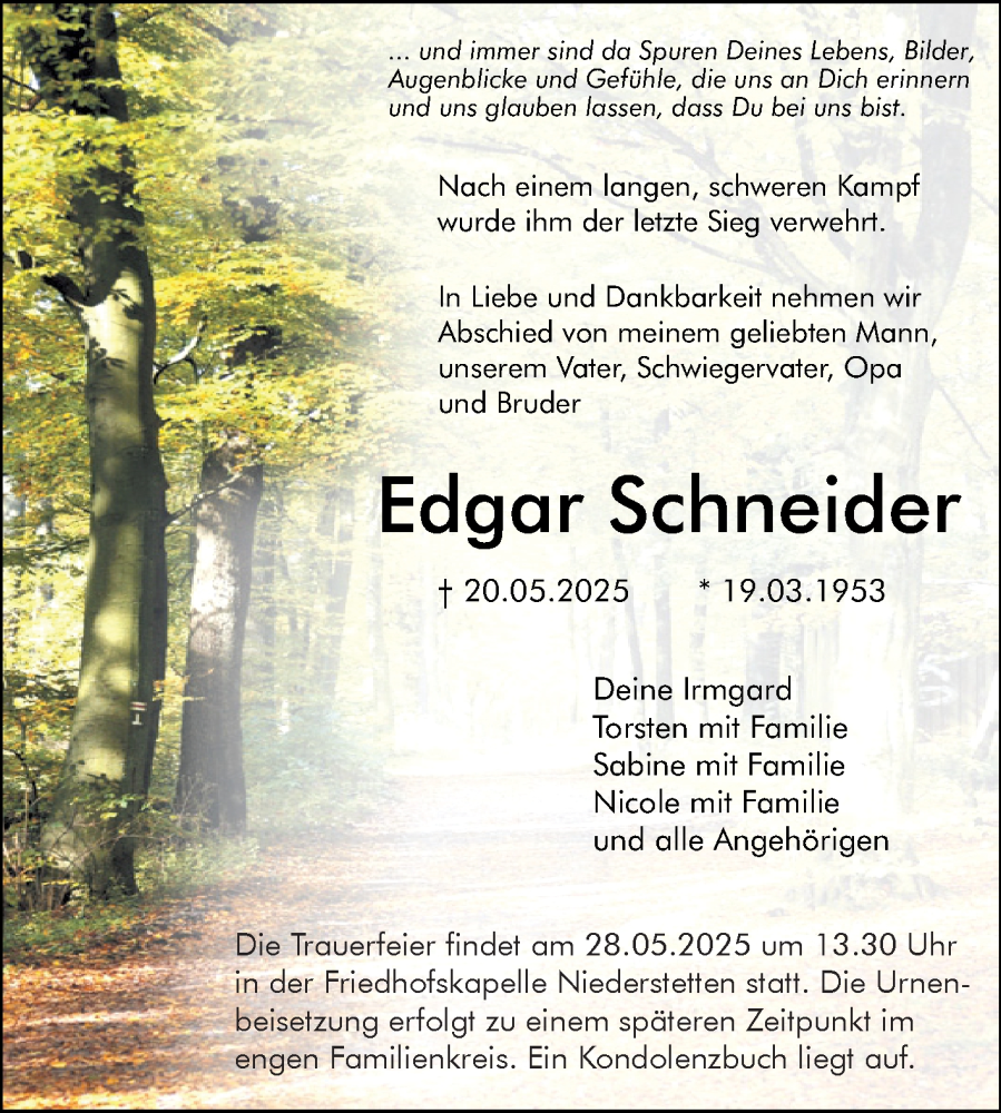  Traueranzeige für Edgar Schneider vom 24.05.2025 aus Fränkische Nachrichten