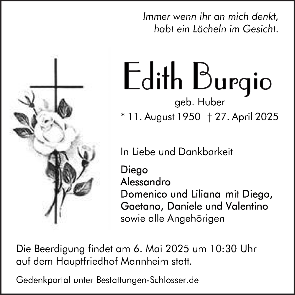  Traueranzeige für Edith Burgio vom 03.05.2025 aus Mannheimer Morgen