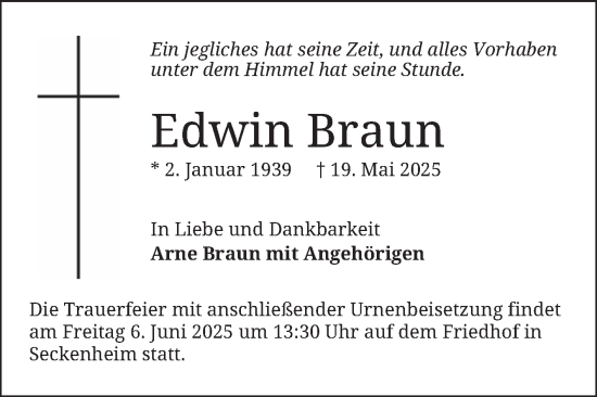 Traueranzeige von Edwin Braun von Mannheimer Morgen