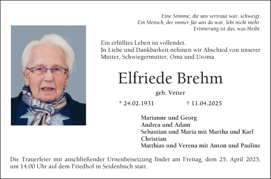 Traueranzeige von Elfriede Brehm von Bergsträßer Anzeiger