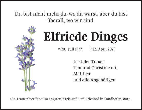 Traueranzeige von Elfriede Dinges von Mannheimer Morgen