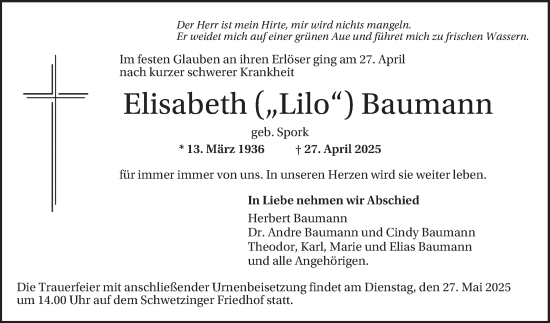Traueranzeige von Elisabeth Baumann von Schwetzinger Zeitung