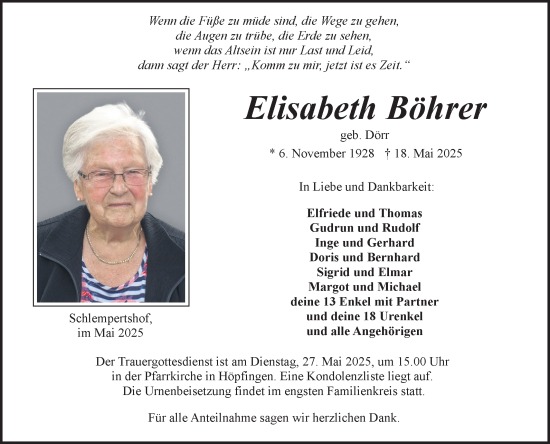 Traueranzeige von Elisabeth Böhrer von Fränkische Nachrichten
