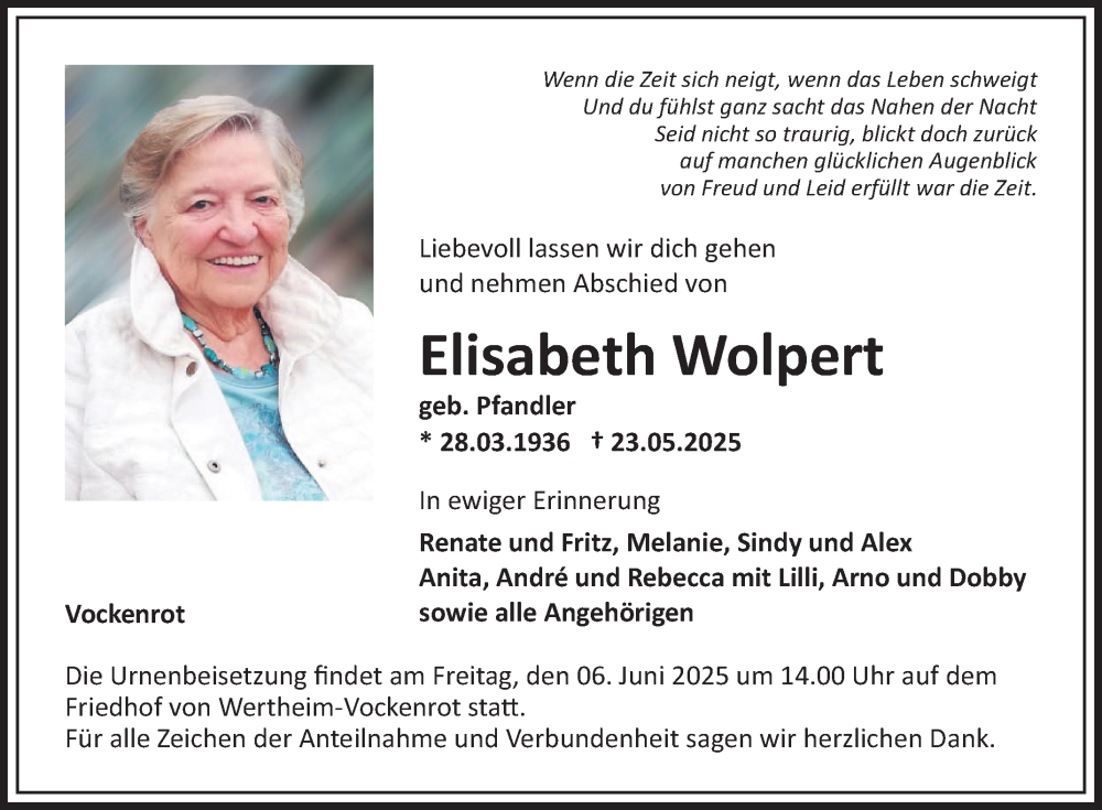  Traueranzeige für Elisabeth Wolpert vom 31.05.2025 aus Fränkische Nachrichten