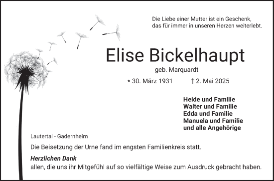 Traueranzeige von Elise Bickelhaupt von Bergsträßer Anzeiger
