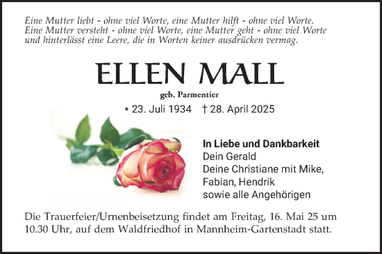 Traueranzeige von Ellen Mall von Mannheimer Morgen