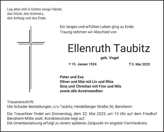 Traueranzeige von Ellenruth Taubitz von Bergsträßer Anzeiger