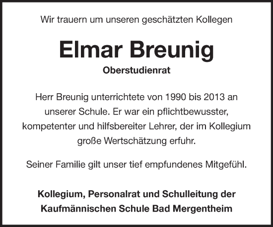 Traueranzeige von Elmar Breunig von Fränkische Nachrichten