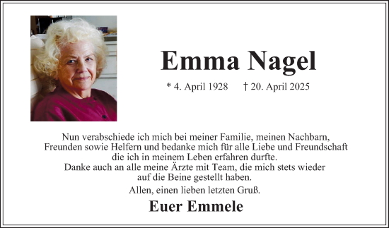 Traueranzeige von Emma Nagel von Mannheimer Morgen