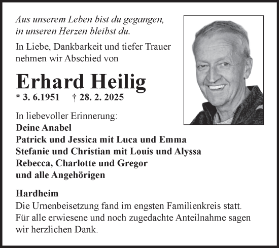 Traueranzeige von Erhard Heilig von Fränkische Nachrichten