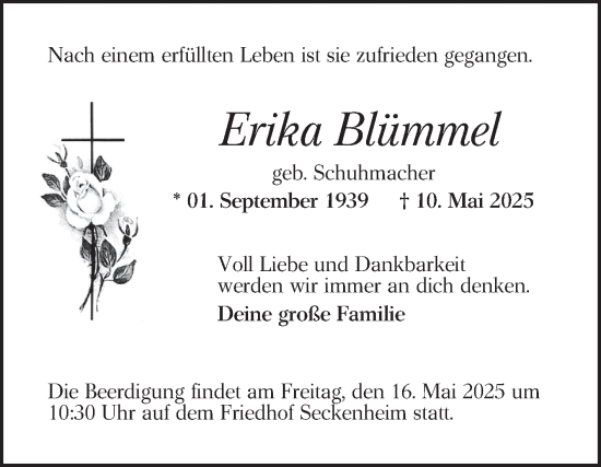 Traueranzeige von Erika Blümmel von Mannheimer Morgen