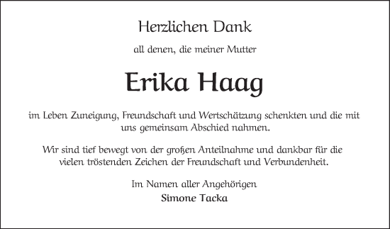 Traueranzeige von Erika Haag von Schwetzinger Zeitung