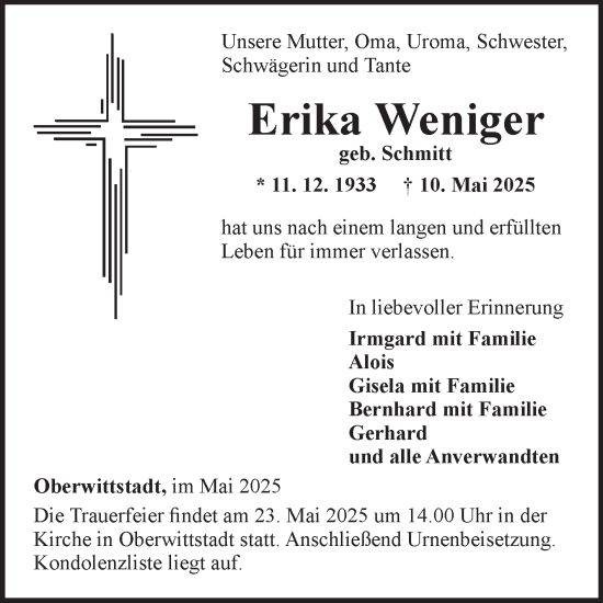 Traueranzeige von Erika Weniger von Fränkische Nachrichten