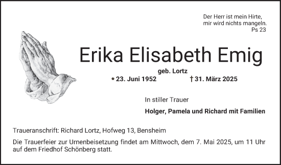Traueranzeige von Erika Elisabeth Emig von Bergsträßer Anzeiger